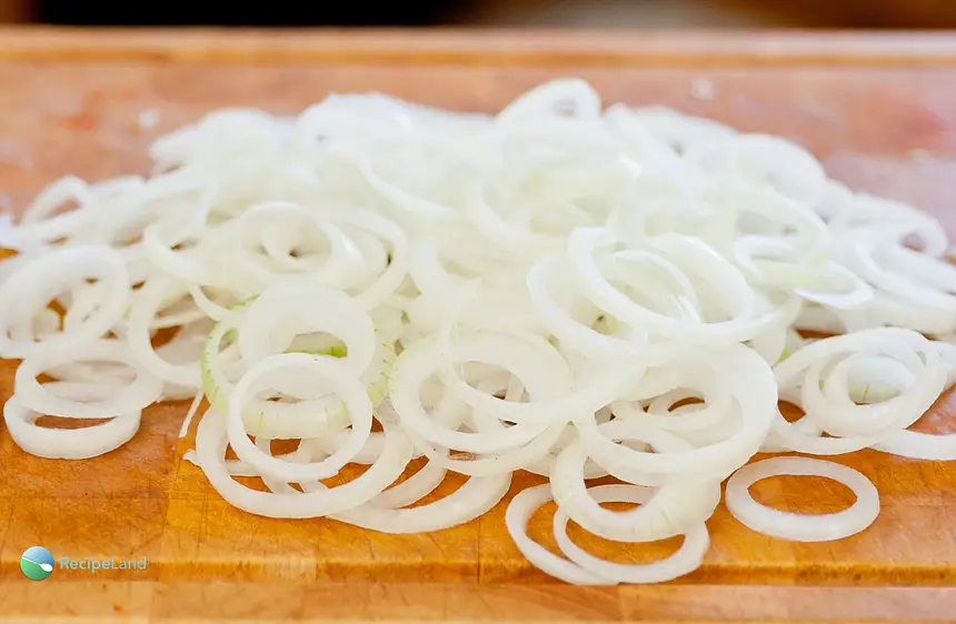 Onions separated into rings from making french fried onions