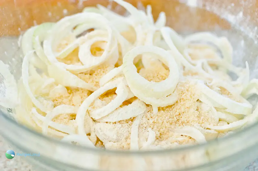 Onion rings with <a href="/how-to/how-to-measure-flour" title="How to measure flour">flour</a> and panko bread crumbs ready for tossing.