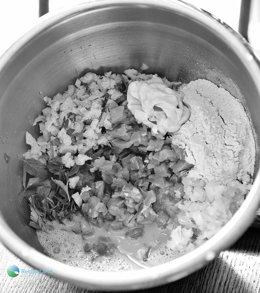 Ingredients for salmon cake in stainless mixing bowl