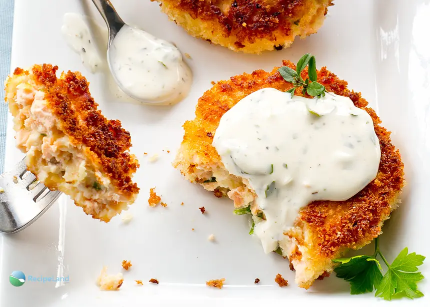 Salmon cake with dipping sauce, serving suggestion