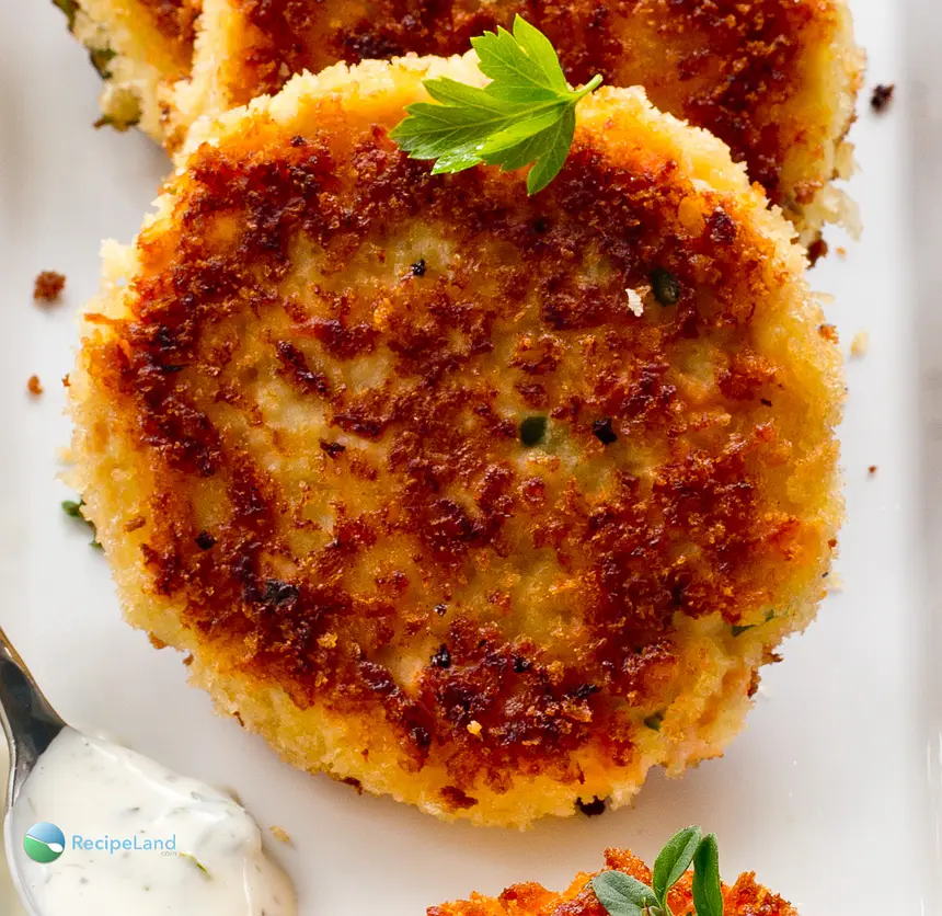 Close-up of a crispy salmon cake