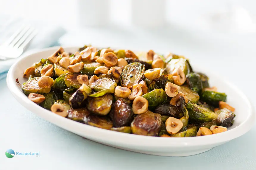 Maple Roasted Brussel Sprouts With Toasted Hazelnuts