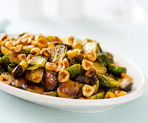 Maple Roasted Brussel Sprouts With Toasted Hazelnuts