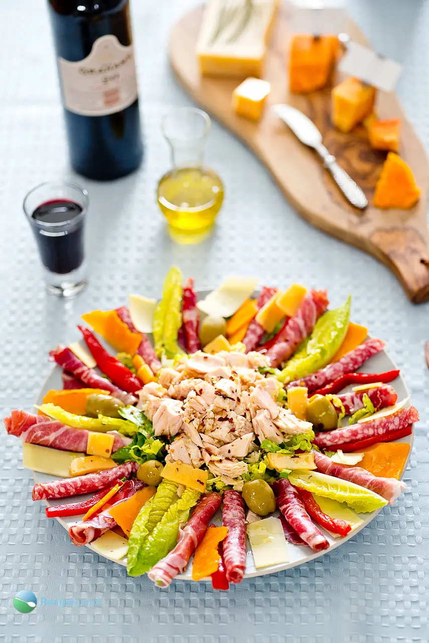 Antipasto platter with cheese board and port wine