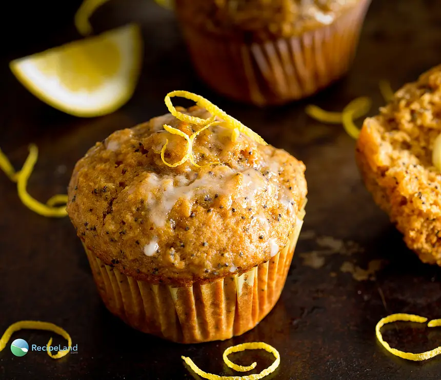 Lemon poppyseed muffins with glaze close-up