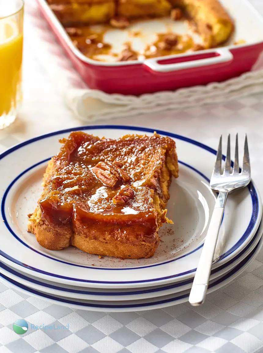 Our best french toast recipe.  Overnight caramel french toast with pecans.