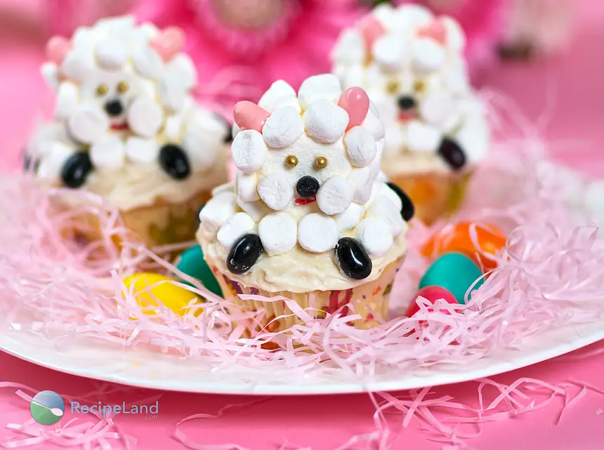 hese little sheep cupcakes are very easy to make and they look so cute, coated with white frosting and marshmallows, using Jelly beans as feet and ears, everyone loves these little sheep!