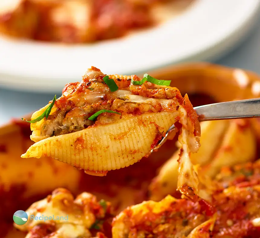 Close-up of a beef stuffed pasta shell