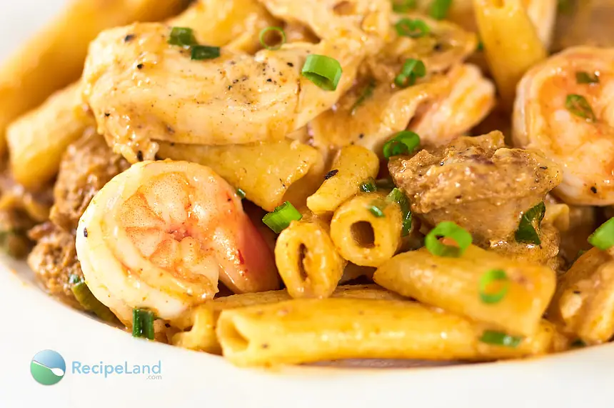 Close-up of New New Orleans Pasta with shrimp, chicken and Chorizo sausage