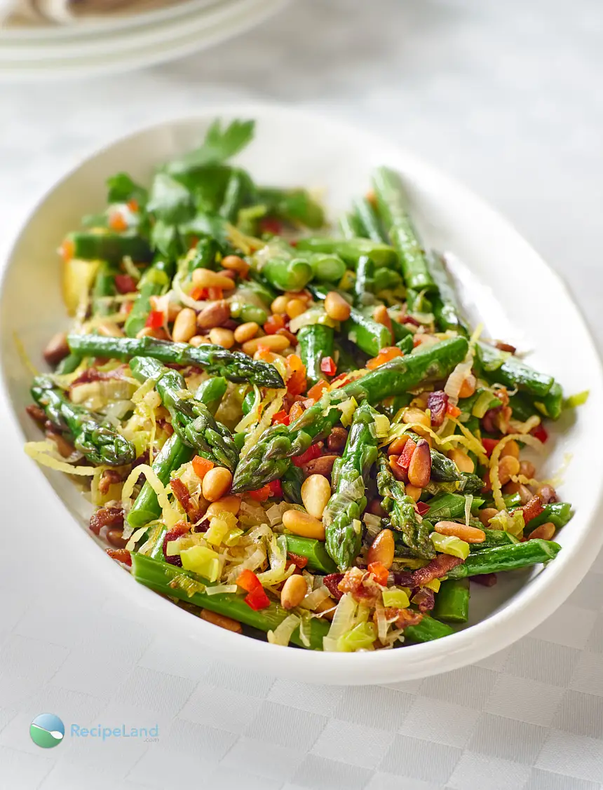 Sauteed Asparagus, Leeks with Pancetta & Pine Nuts
