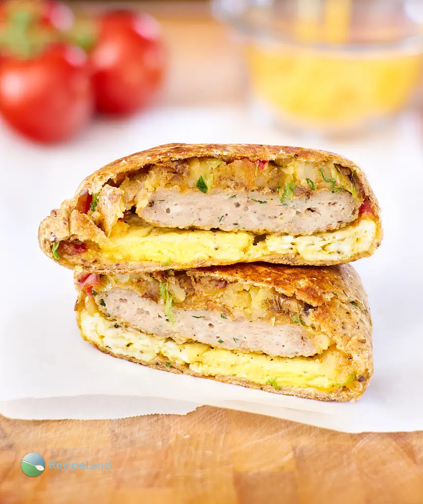 Skip the fast food queue - it’s easy to make your own breakfast wraps at home. Crispy home fried potatoes, egg, cheese and a sausage patty wrapped up in a crispy tortilla.