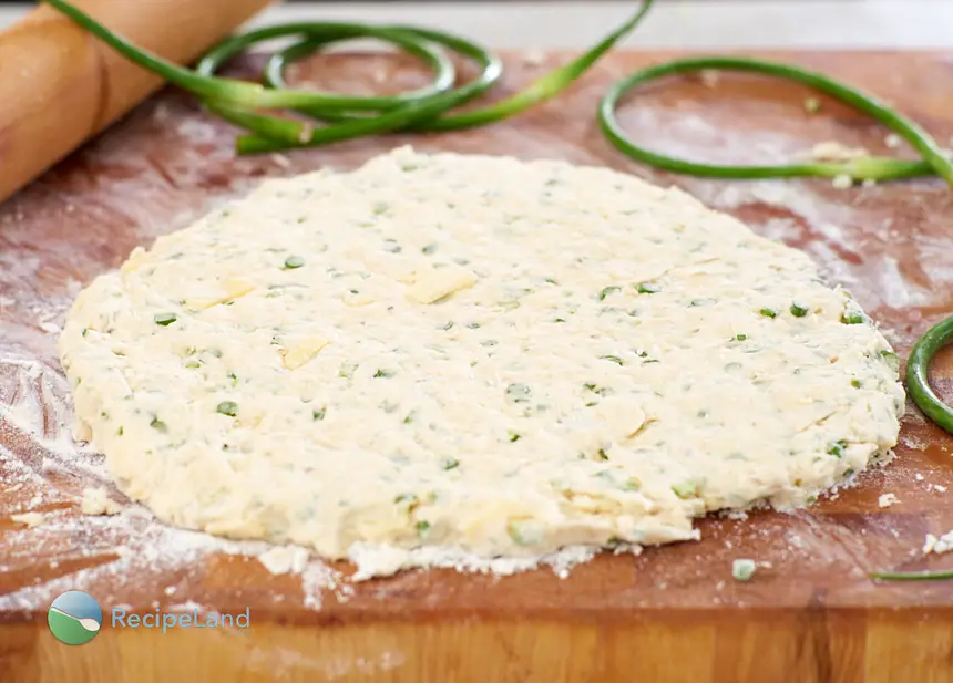 Garlic scape biscuit dough rolled out to ½ inch thickness, ready for cutting into biscuits