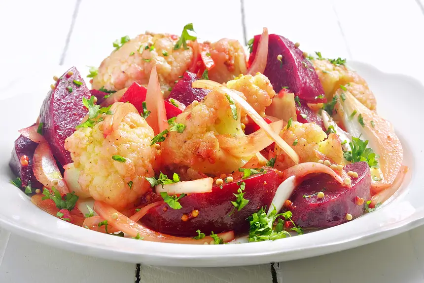 Cauliflower & Beet Salad in Curry-Mustard Vinaigrette