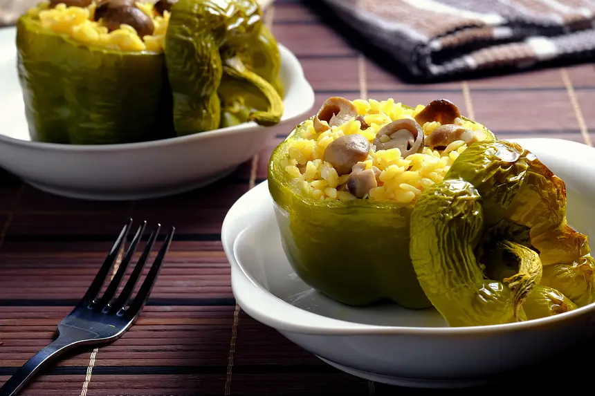 Bell Peppers stuffed with Mushroom Corn Rice Pilaf