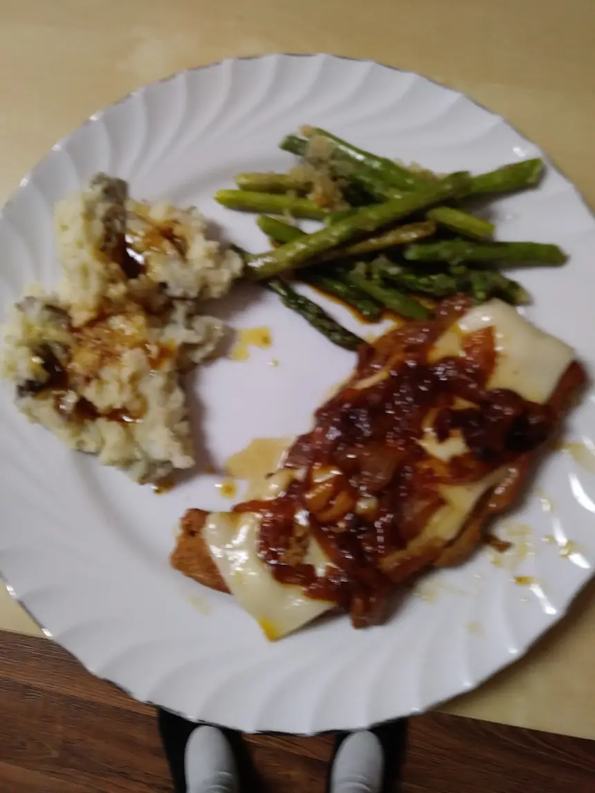 Caramelized Onion Pork Chops with Deep Fried Asparagus & Mashed Potatoes