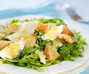Arugula Salad with Garlic Croutons, Gruyere & Eggs