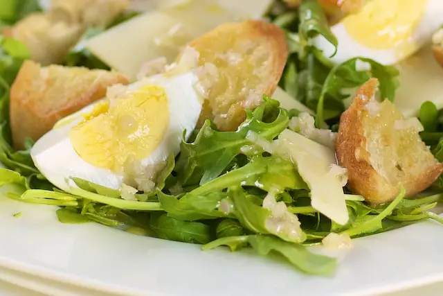 Arugula Salad with Garlic Croutons, Gruyere & Eggs