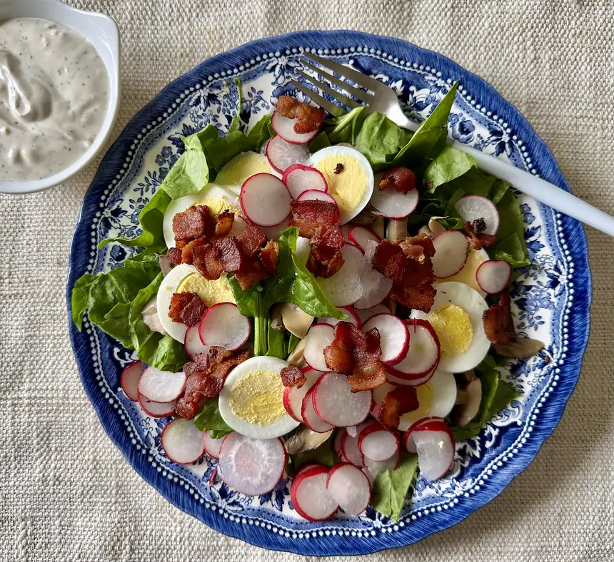 Creamy Bacon Spinach Salad with Hard Boiled Egg & Radish