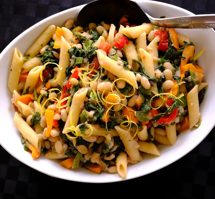 Pasta with Red Peppers, Greens, Beans, Garlic & Lemon Zest