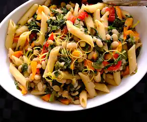 Pasta with Red Peppers, Greens, Beans, Garlic & Lemon Zest
