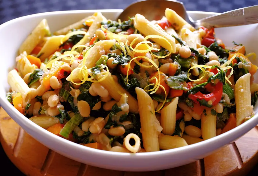 Pasta with Red Peppers, Greens, Beans, Garlic & Lemon Zest