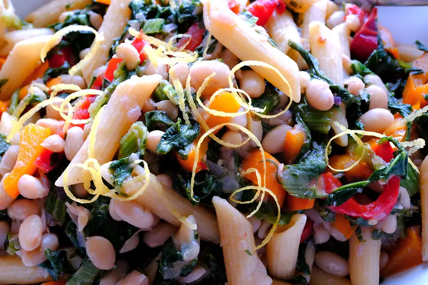 Pasta with Red Peppers, Greens, Beans, Garlic & Lemon Zest