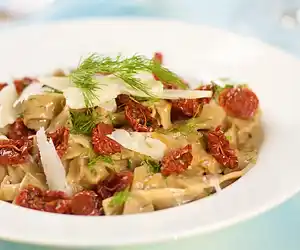 Pasta with Creamy Dill Sauce & Oven-Dried Cherry Tomatoes