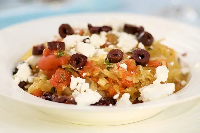 Roasted Spaghetti Squash with Sauteed Vegetables, Feta & Basil