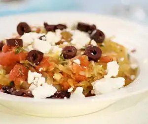Roasted Spaghetti Squash with Sauteed Vegetables, Feta & Basil