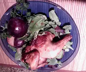 Cornish Hens & Plums on Baby Spinach
