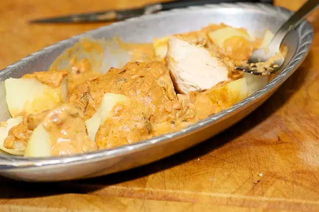 The finished dish, ready to dig in with potatoes on the side