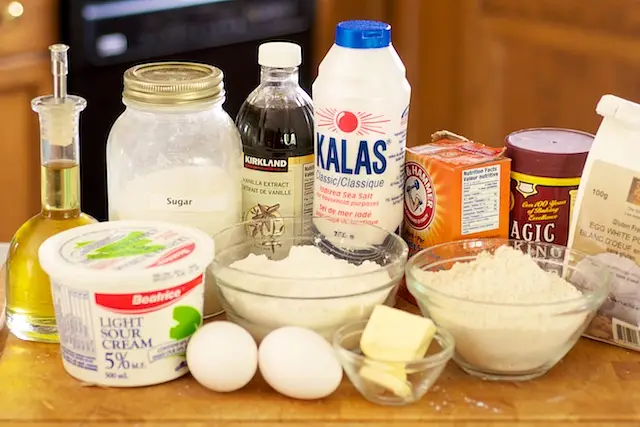 Gather together the ingredients to make the cake.