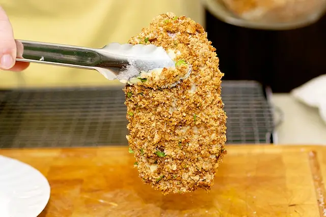 The batter holds the crumbs like glue
