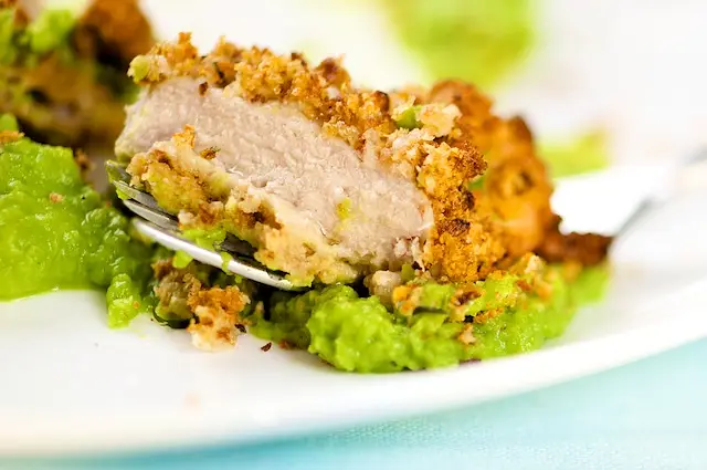 The finished dish, ready to dig in with pea purée