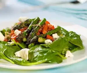 Seared Asparagus, Roasted Bell Pepper & Spinach Salad with Goat Cheese