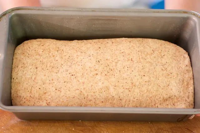 Here the dough is perfectly placed in the prepared loaf pan.