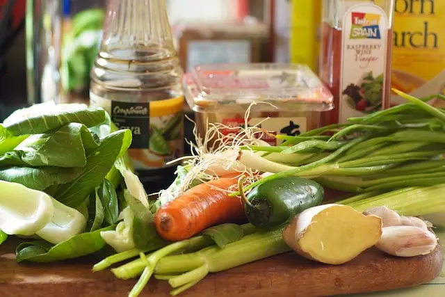 Get together all the vegetables and condiments.