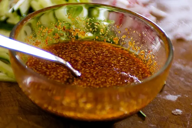 While the vegetables are cooking, prepare the Korean spicy-sweet sauce.