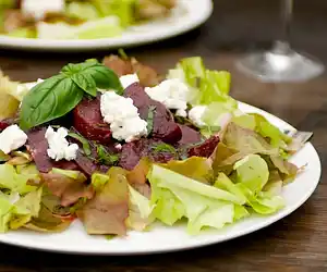 Glazed Roasted Beets, Basil & Goat Cheese Salad