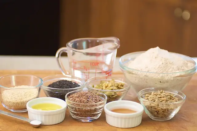Gather together almost all the ingredients to make these nutty and tasty maple-leaf crackers.