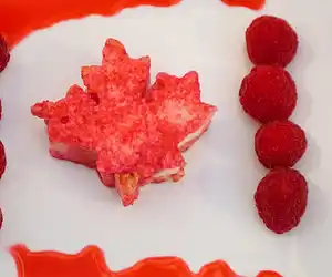 Canada Day Maple Leaf Cake with Raspberry Coulis