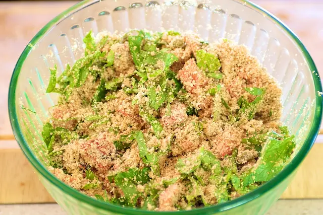 The bread crumb stuffing mixed and ready for stuffing