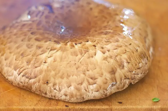 With a sharp knife, cut ¼-inch slits, spaced ½-inch apart, in the crosshatch patten on the surface of 8 mushrooms.