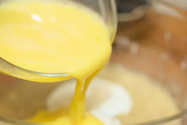 Pour the well-beaten eggs.