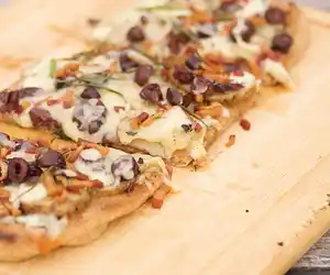 Grilled Potato, Pancetta & Roasted Garlic Pizza with Olives & Rosemary