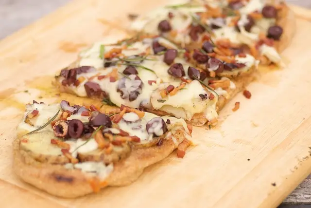 Grilled Potato, Pancetta & Roasted Garlic Pizza with Olives & Rosemary