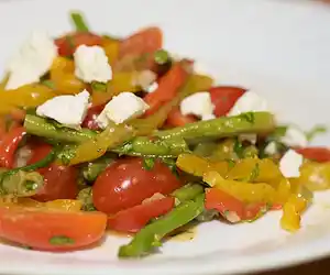 Green Bean, Roasted Pepper, & Cherry Tomato Salad with Goat Cheese