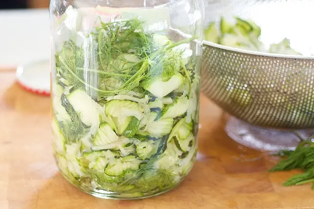 Place more dill sprigs, then add more zucchini-onion mixture... 