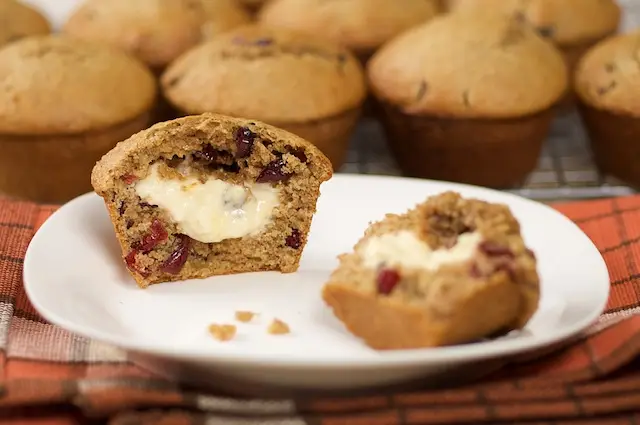 Cream Cheese Stuffed Honey Lemon Cranberry Muffins