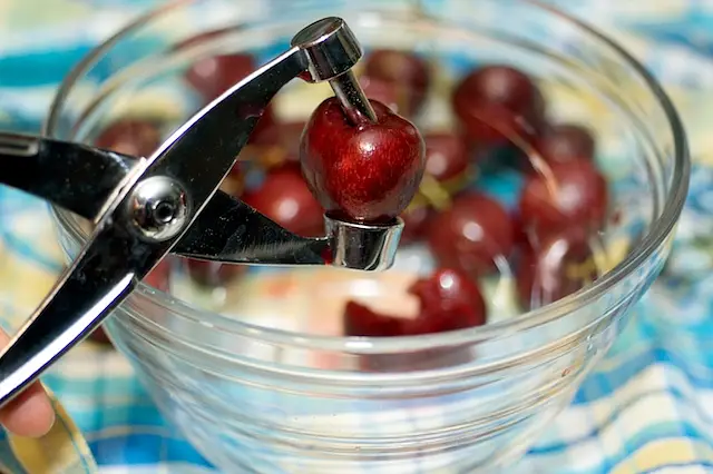 Pit the cherries with a cherry pitter over a <a href="/how-to/ballistic-about-bowls" title="Ballistic About Bowls">bowl</a> to catch all the juice coming our from the cherries.